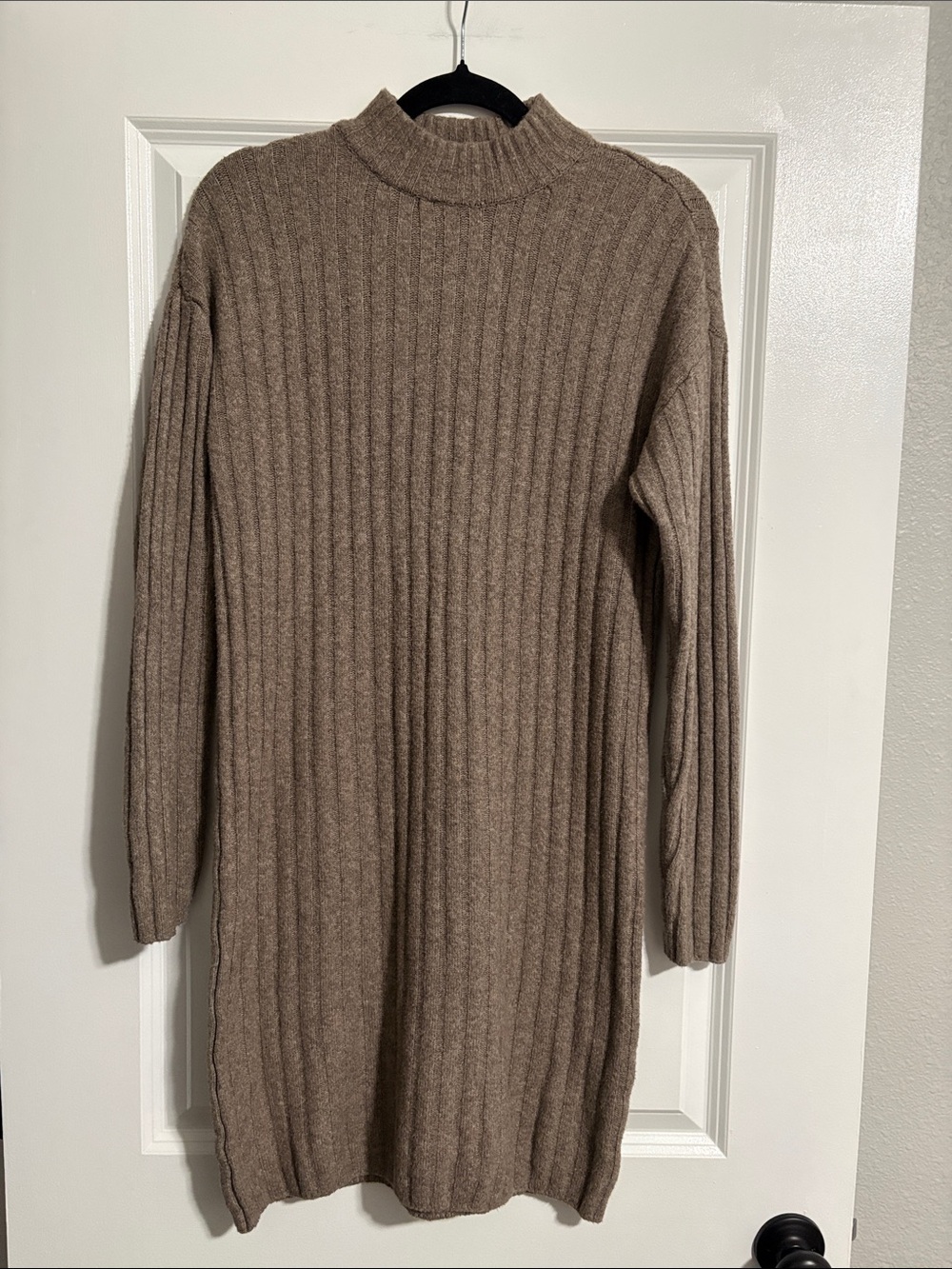 Hilary Radley Ribbed Cowl-Neck Sweater Dress in Taupe Brown